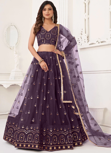 Butterfly Net Zari Embroidery Work Wine Lehenga Choli For Wedding